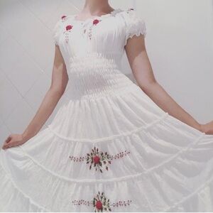 Boho Floral Embroidered Smocked Tiered Midi Dress Mexican Peasant Cottagecore